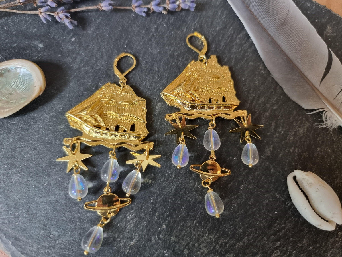 Nautical Ship Earrings with Saturn Planet & Stars – Boho Statement Dangle Earrings, Celestial Travel Jewelry, Gift for Her