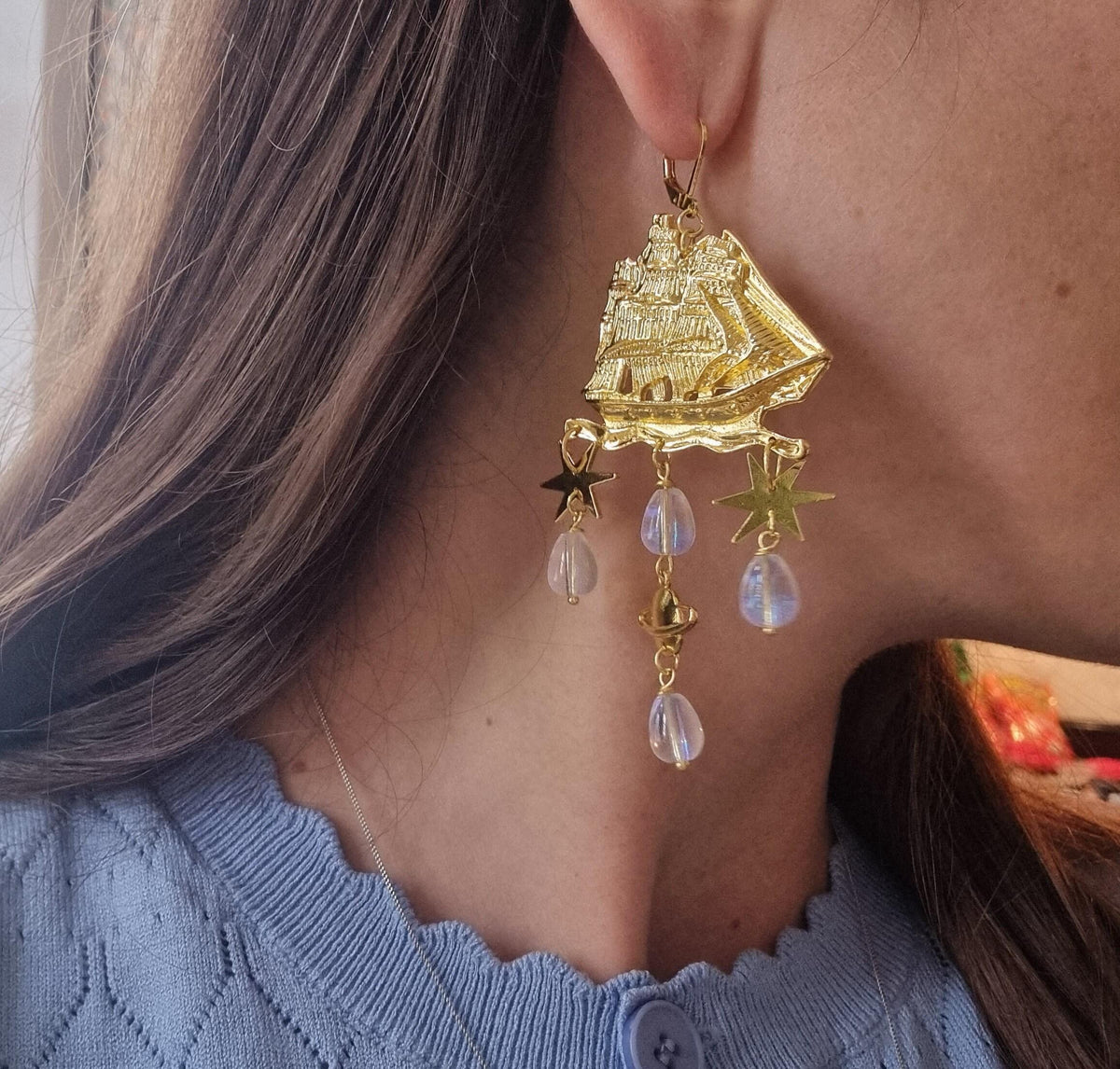 Nautical Ship Earrings with Saturn Planet & Stars – Boho Statement Dangle Earrings, Celestial Travel Jewelry, Gift for Her