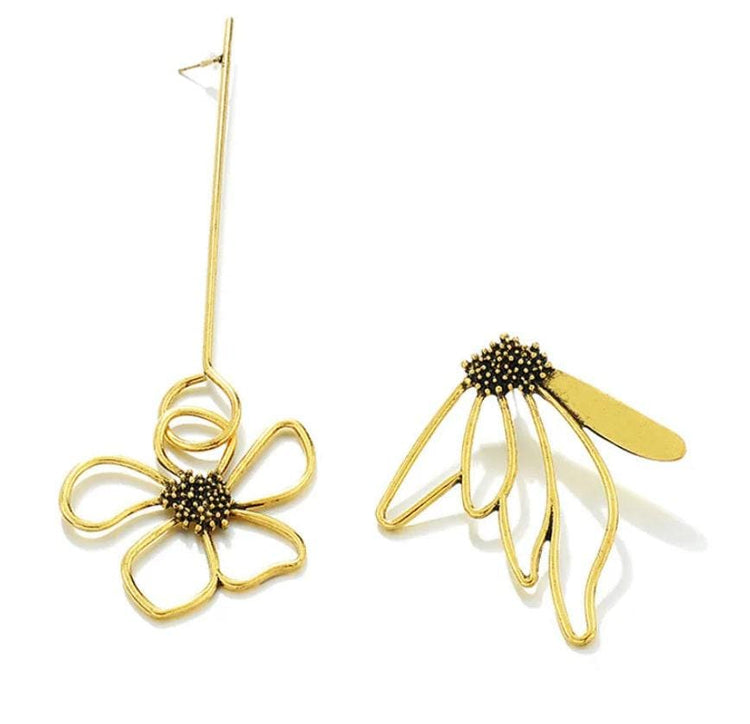 Asymmetric Mismatched Flower Earrings | Long Gold Dangle Floral Jewelry