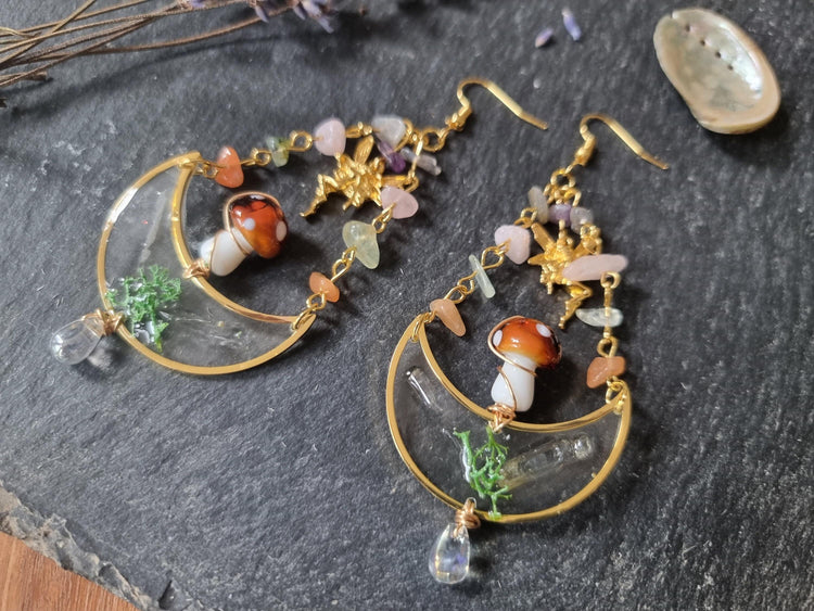 Witchy Mushroom Earrings, Fairy Amethyst Moon Earrings, Fly Agaric Dangle Earrings, Forestcore Jewelry, Cottagecore Gift for Her