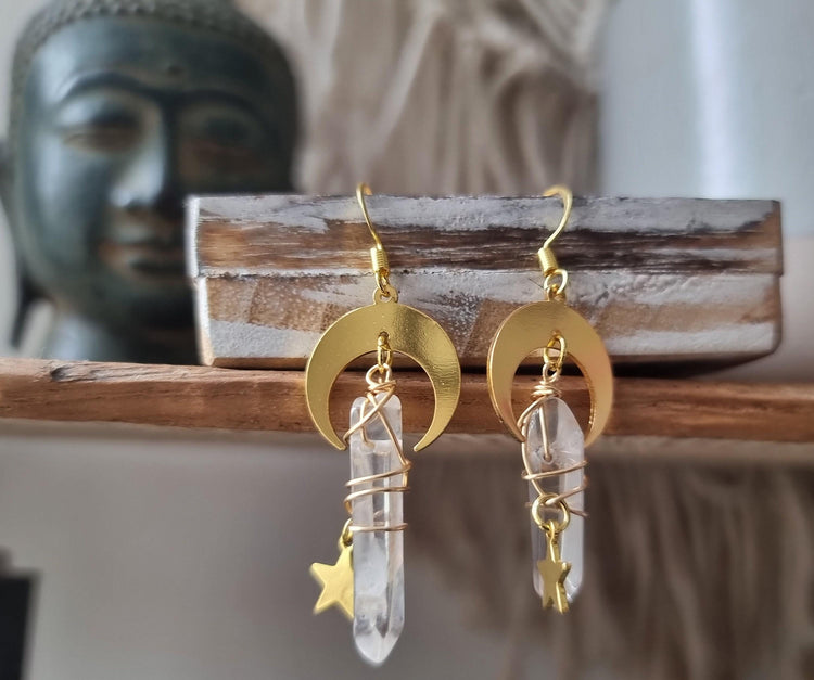 Gold Drop Moon & Star Dangle Earrings – Real Aura Quartz Crystal Wicca Celestial Boho Statement Jewelry, Mystical Witchy Gift for Her