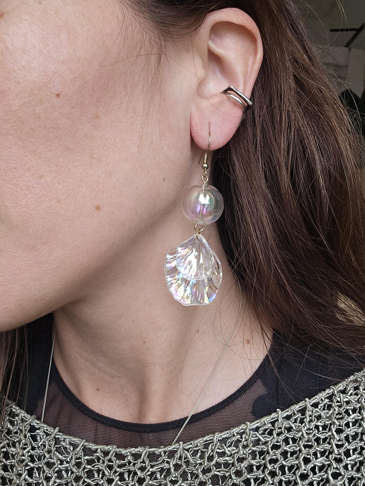 Mermaid Shell Earrings: Hand Blown Glass, Gold Plated - Nautical Jewelry