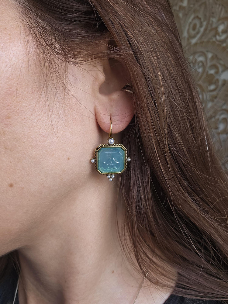 Intaglio Crystal Drop Earrings: Vintage Pearl, Brass, Art Deco