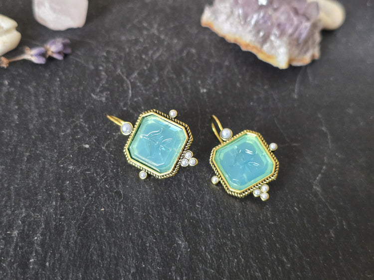 Intaglio Crystal Drop Earrings: Vintage Pearl, Brass, Art Deco