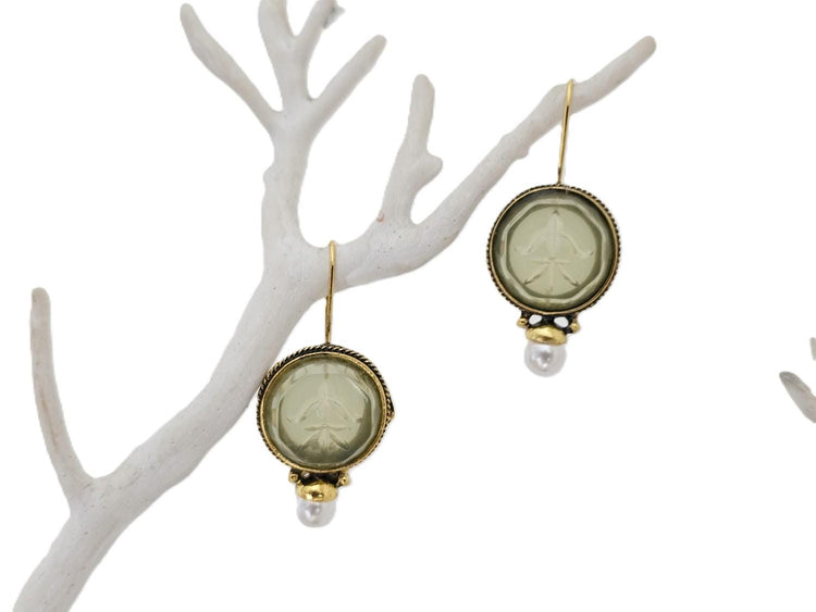 Art Deco Intaglio Earrings: Green Crystal, Faux Pearl, Brass Dangles
