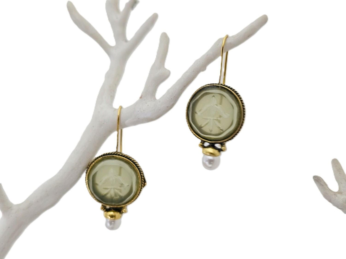 Art Deco Intaglio Earrings: Green Crystal, Faux Pearl, Brass Dangles