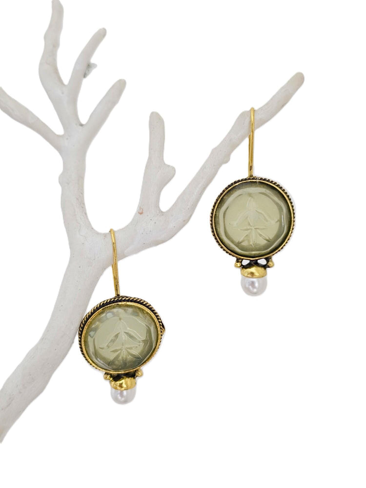Art Deco Intaglio Earrings: Green Crystal, Faux Pearl, Brass Dangles