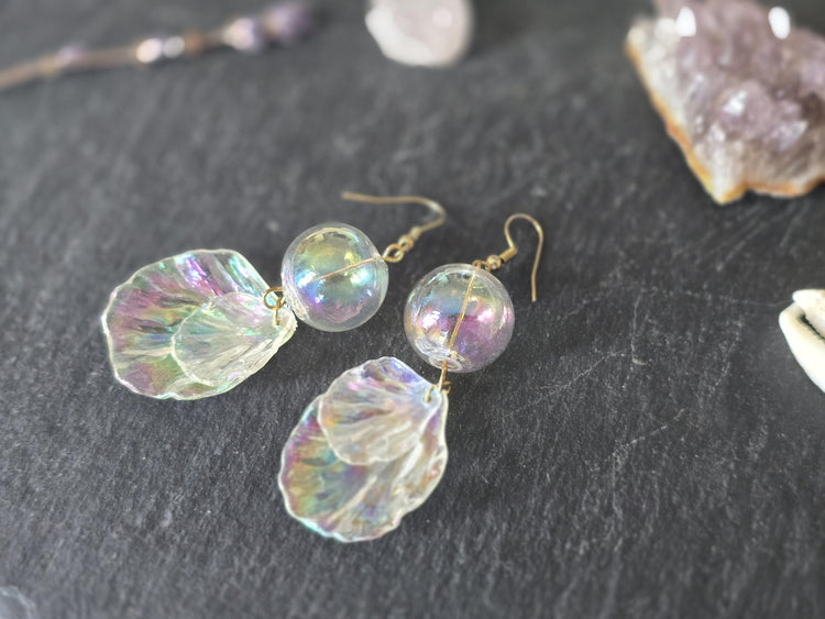 Mermaid Shell Earrings: Hand Blown Glass, Gold Plated - Nautical Jewelry