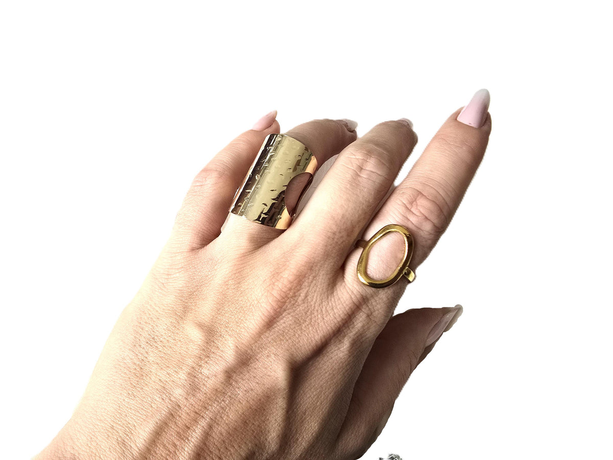 Adjustable Gold Geometric Statement Ring: Hollow Oval Boho Jewelry
