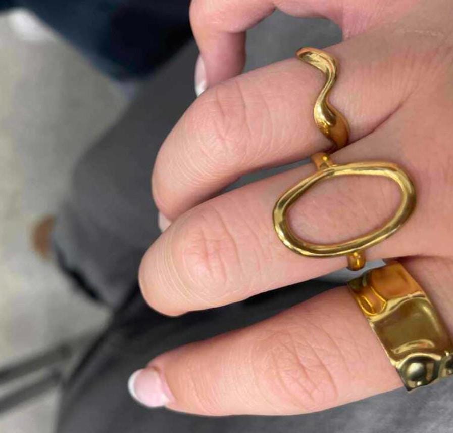 Adjustable Gold Geometric Statement Ring: Hollow Oval Boho Jewelry