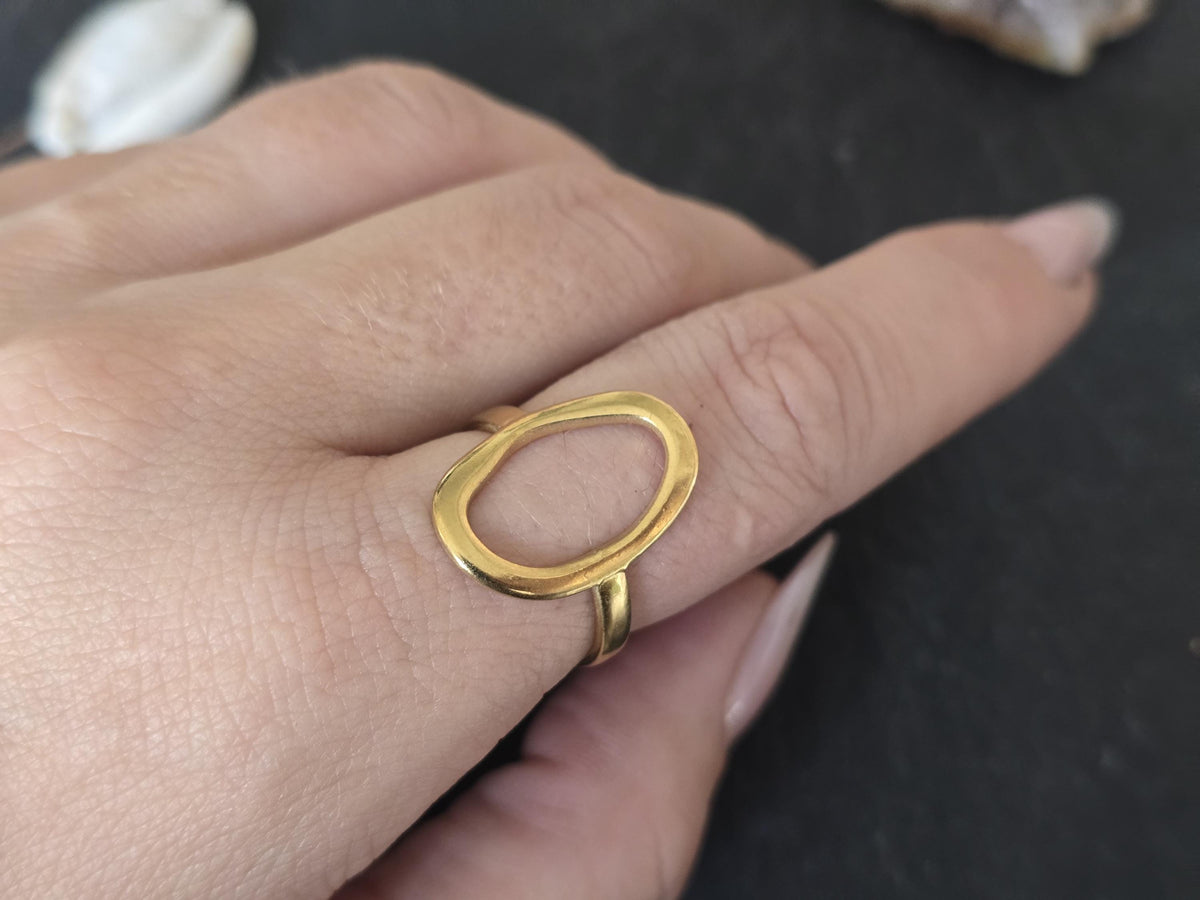 Adjustable Gold Geometric Statement Ring: Hollow Oval Boho Jewelry
