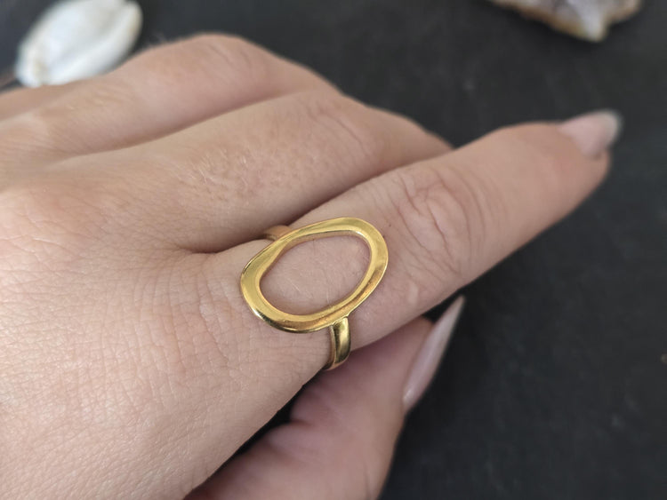 Adjustable Gold Geometric Statement Ring: Hollow Oval Boho Jewelry