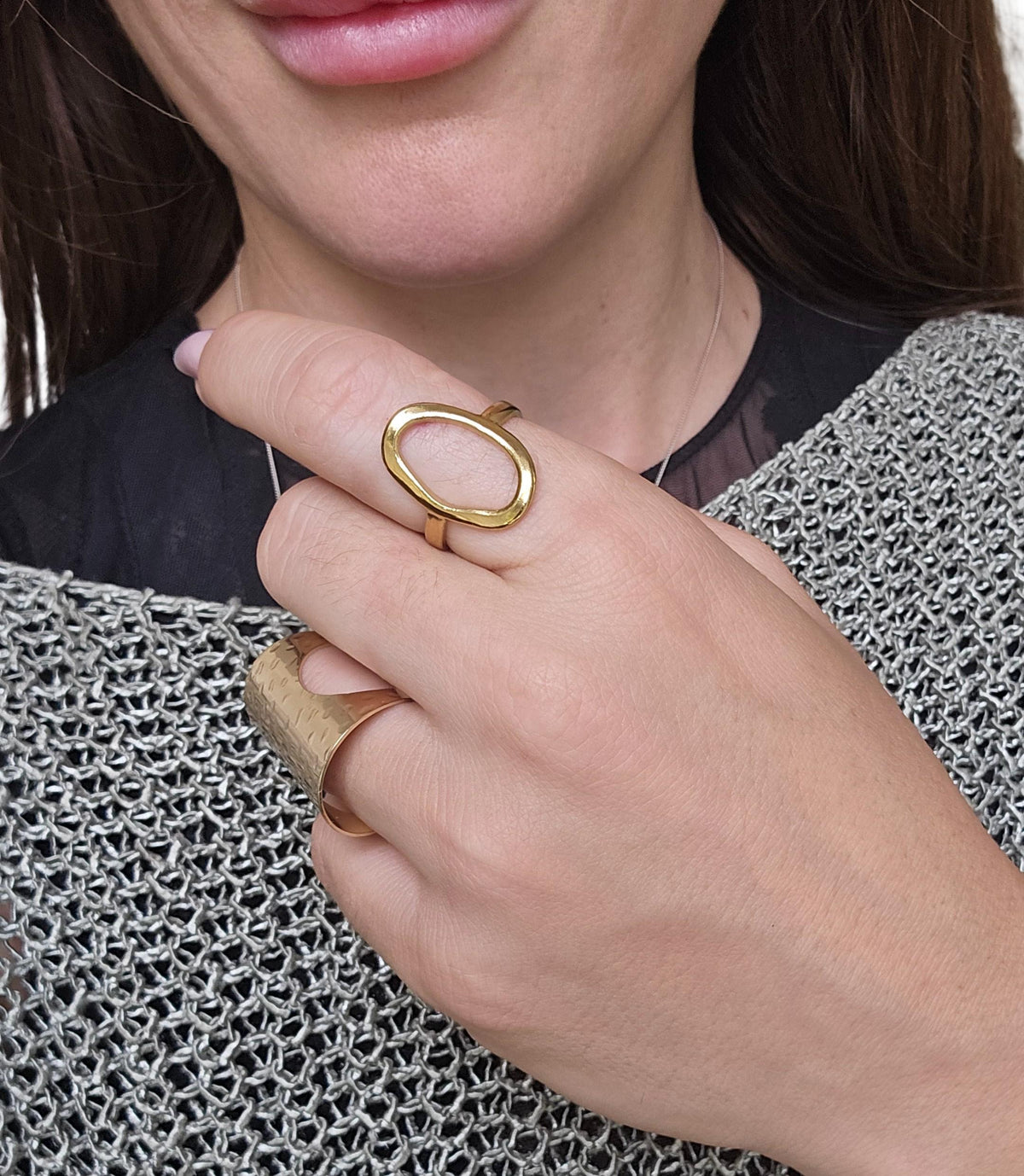 Adjustable Gold Geometric Statement Ring: Hollow Oval Boho Jewelry