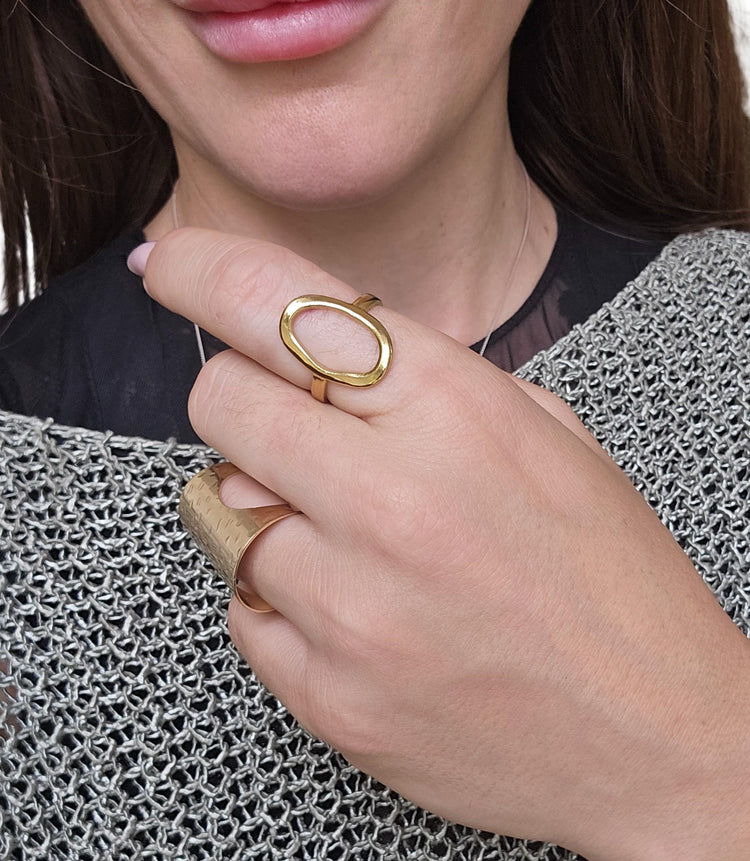 Adjustable Gold Geometric Statement Ring: Hollow Oval Boho Jewelry