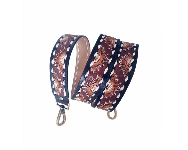 Western Sunflower Leather Bag Strap, Tooled Floral Replacement Purse Strap, Detachable Boho Shoulder Strap, Camera Strap