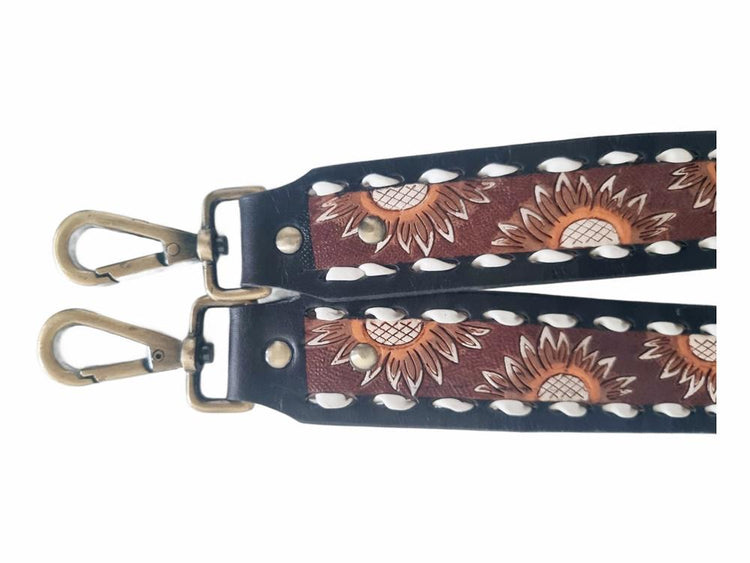 Western Sunflower Leather Bag Strap, Tooled Floral Replacement Purse Strap, Detachable Boho Shoulder Strap, Camera Strap