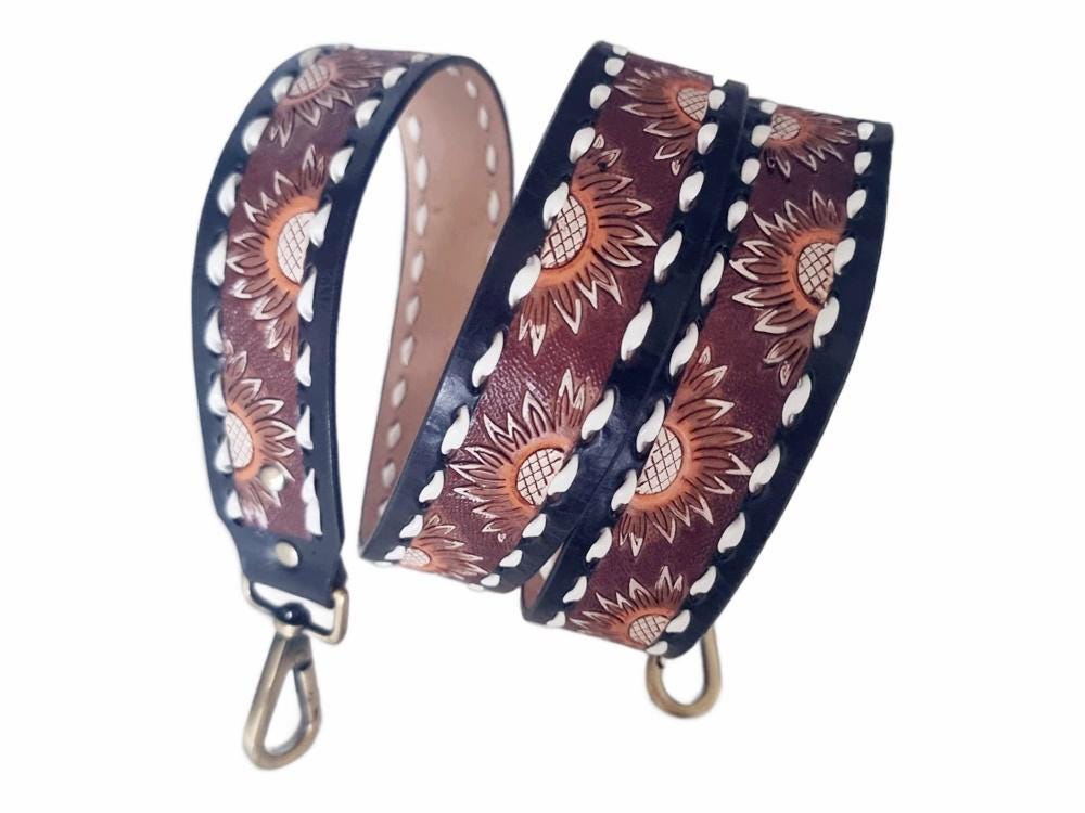 Western Sunflower Leather Bag Strap, Tooled Floral Replacement Purse Strap, Detachable Boho Shoulder Strap, Camera Strap