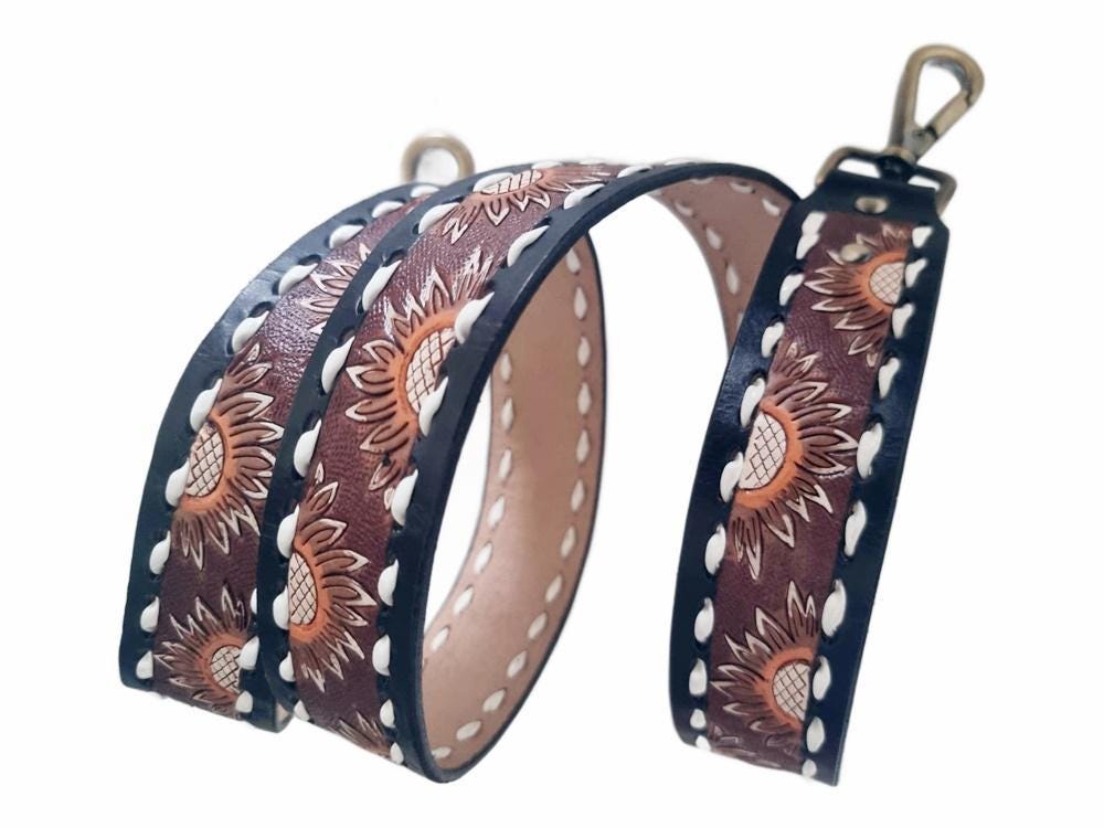 Western Sunflower Leather Bag Strap, Tooled Floral Replacement Purse Strap, Detachable Boho Shoulder Strap, Camera Strap