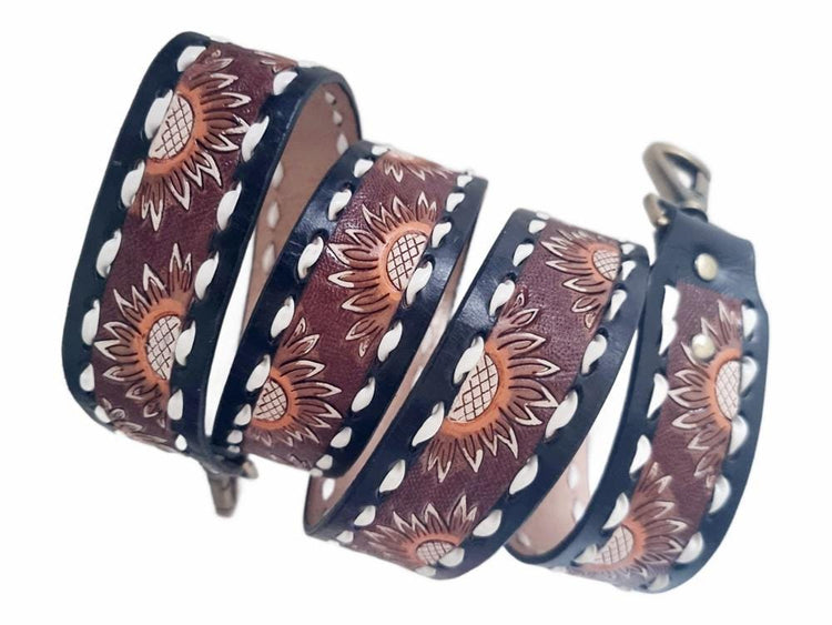 Western Sunflower Leather Bag Strap, Tooled Floral Replacement Purse Strap, Detachable Boho Shoulder Strap, Camera Strap