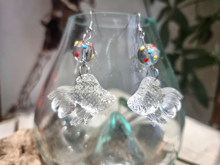 3D Goldfish Earrings with Glass Bead, Cute Japanese Kawaii Fish Jewellery, Quirky Handmade Animal Drop Earrings, Unique Gift
