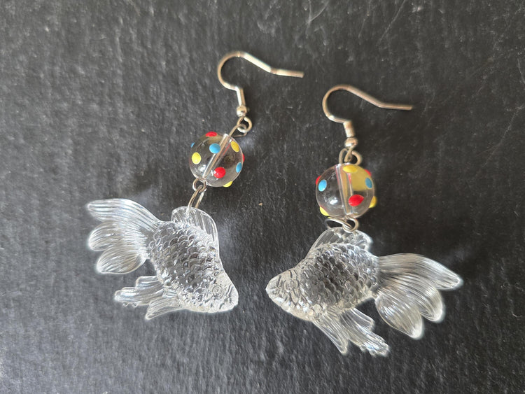 3D Goldfish Earrings with Glass Bead, Cute Japanese Kawaii Fish Jewellery, Quirky Handmade Animal Drop Earrings, Unique Gift