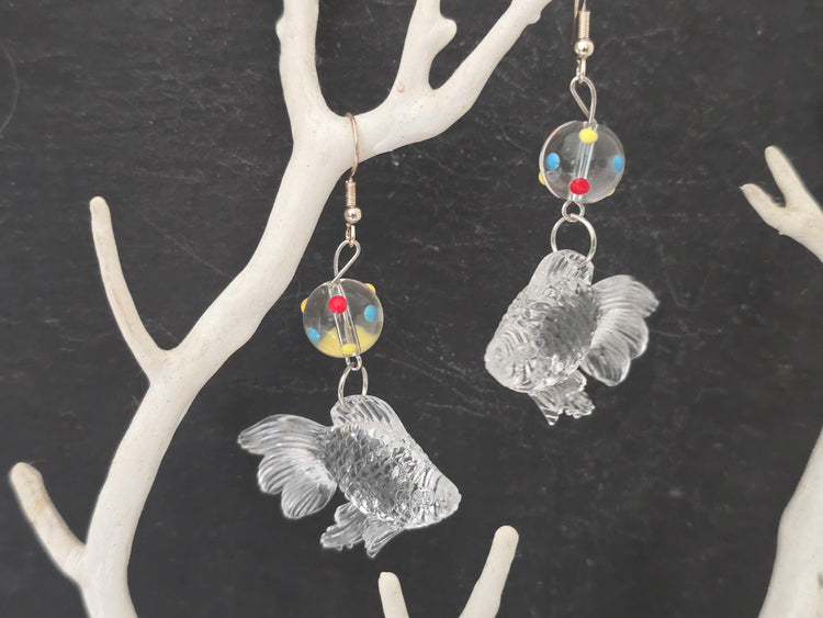 3D Goldfish Earrings with Glass Bead, Cute Japanese Kawaii Fish Jewellery, Quirky Handmade Animal Drop Earrings, Unique Gift