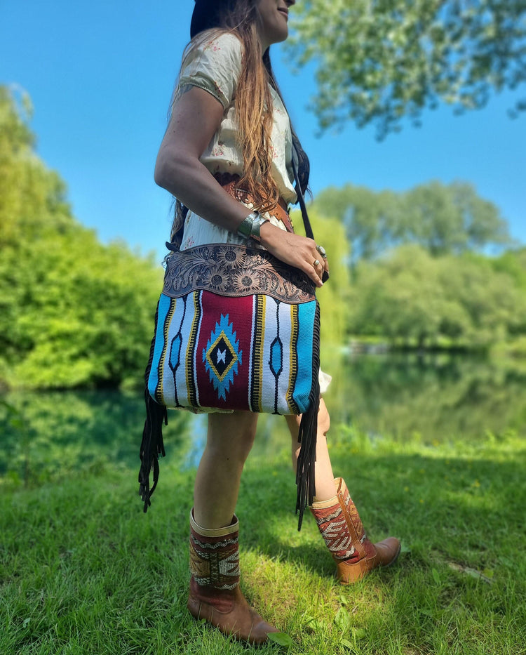 Aztec carpet crossbody bag, western tooled leather purse, woven native american blanket