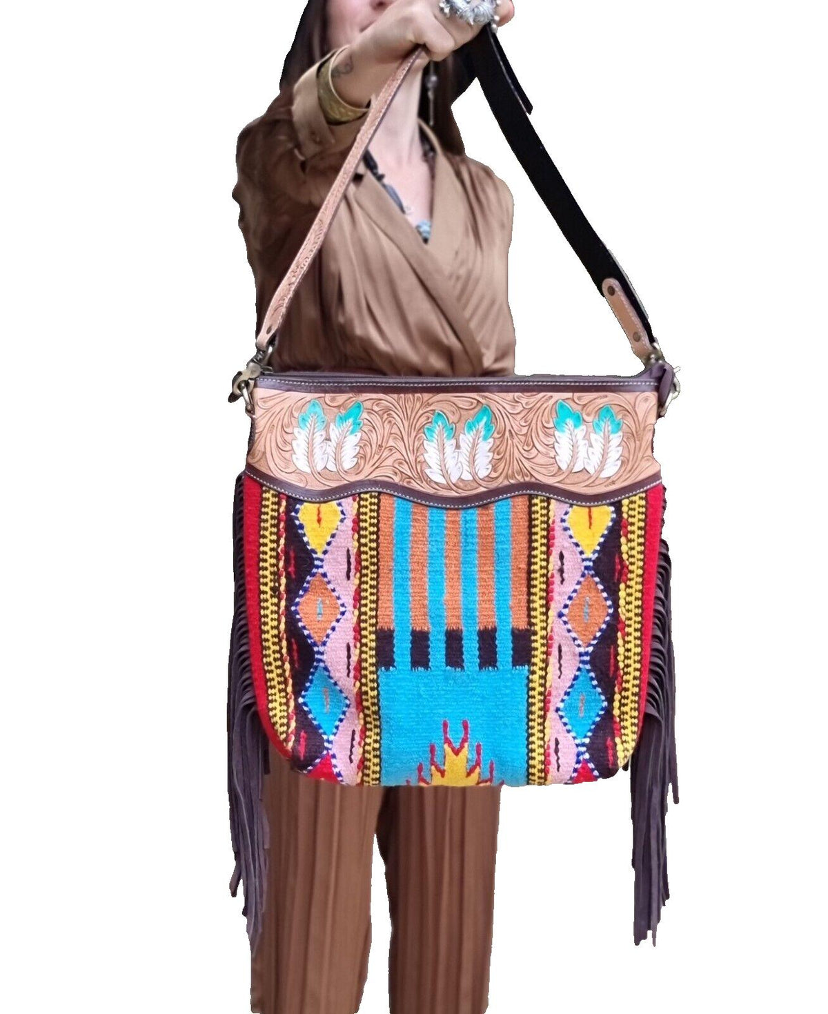 Feather Tooled Leather Crossbody Bag: Aztec Blanket, Western Cowgirl Purse
