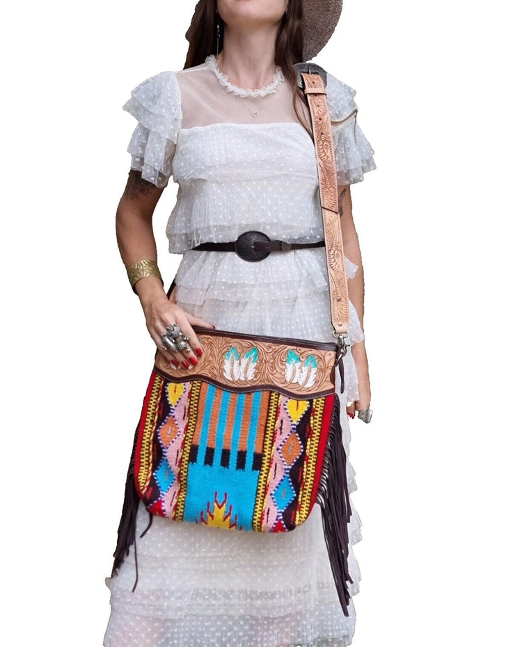 Feather Tooled Leather Crossbody Bag: Aztec Blanket, Western Cowgirl Purse