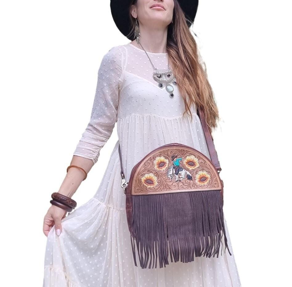 Western Leather Fringe Purse, Hand Tooled Sunflower Cowgirl Bag, Rodeo Horse Crossbody, Southwestern Boho Leather Handbag, Festival Bag