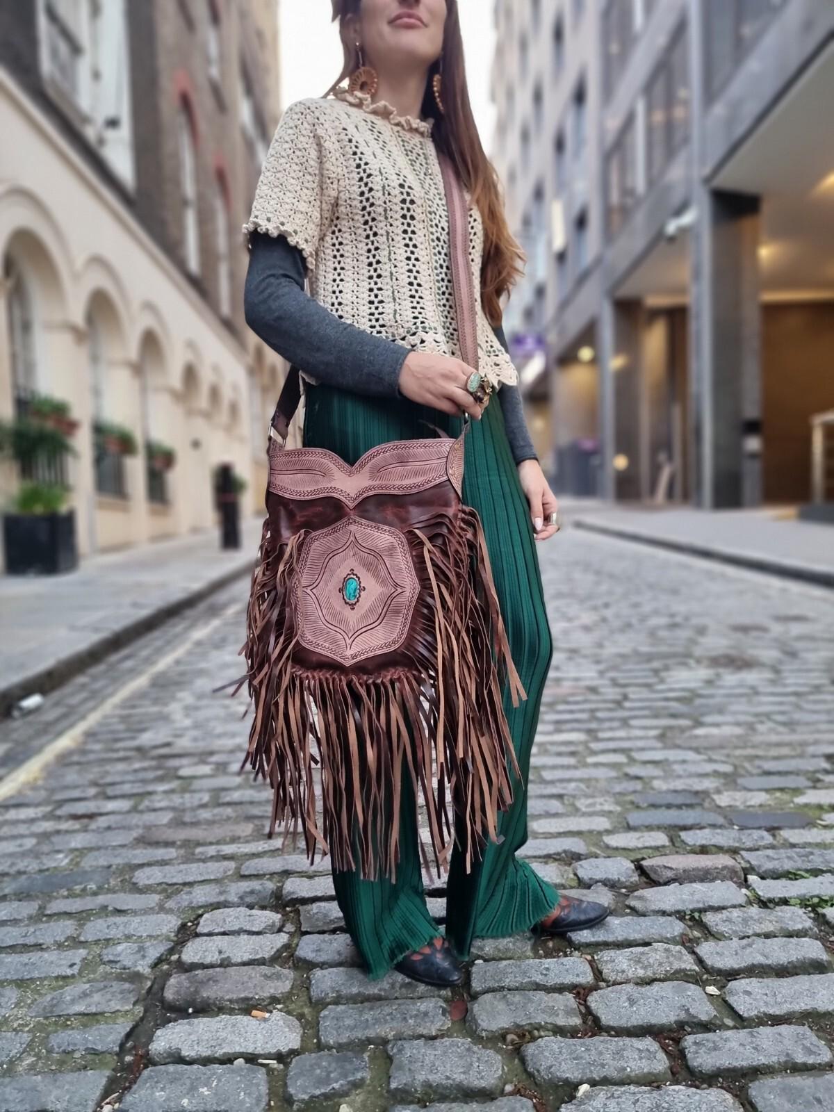 Extra Large Western Fringe Leather Bag / Turquoise Navajo Style Tooled Leather Purse Boho Festival Tassel Crossbody Shopper