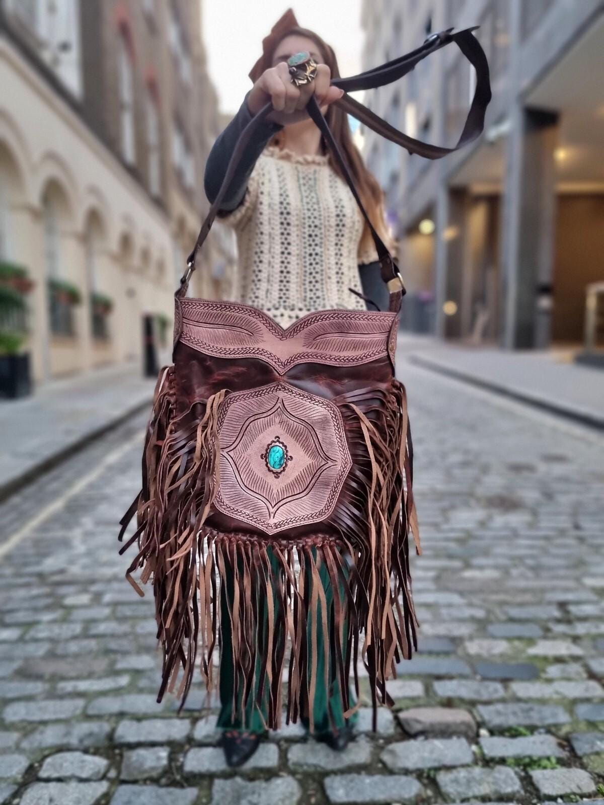 Extra Large Western Fringe Leather Bag / Turquoise Navajo Style Tooled Leather Purse Boho Festival Tassel Crossbody Shopper