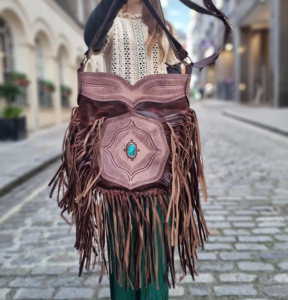 Extra Large Western Fringe Leather Bag / Turquoise Navajo Style Tooled Leather Purse Boho Festival Tassel Crossbody Shopper