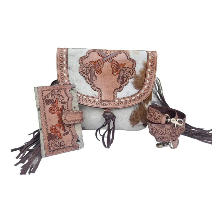 Tooled Leather Cowhide Crossbody Bag: Western Pistol Design with Fringe