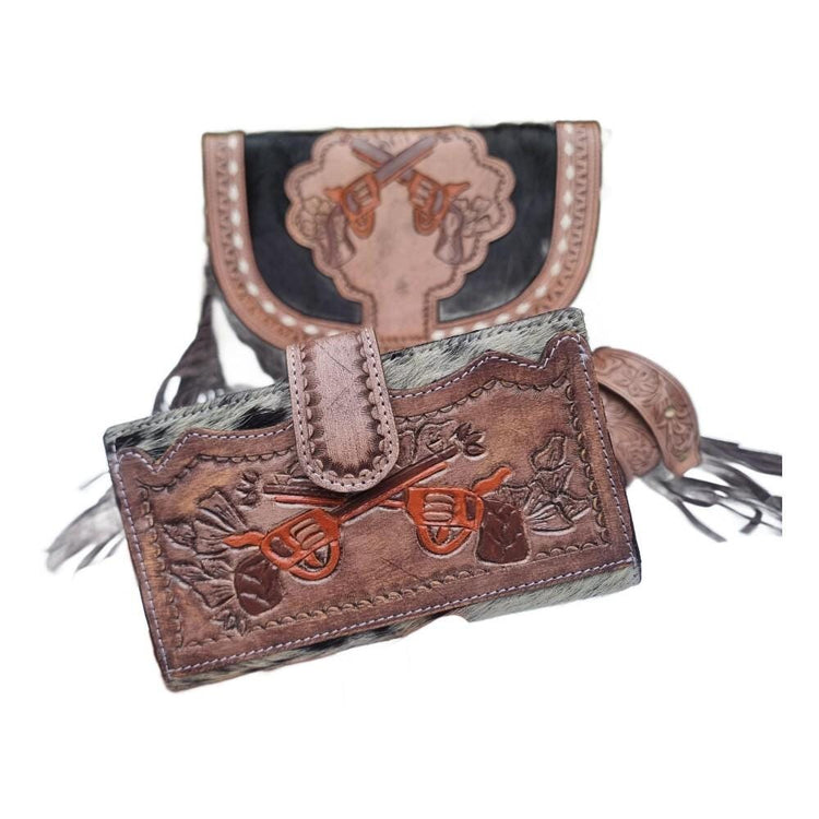 Tooled Leather Cowhide Crossbody Bag: Western Pistol Design with Fringe