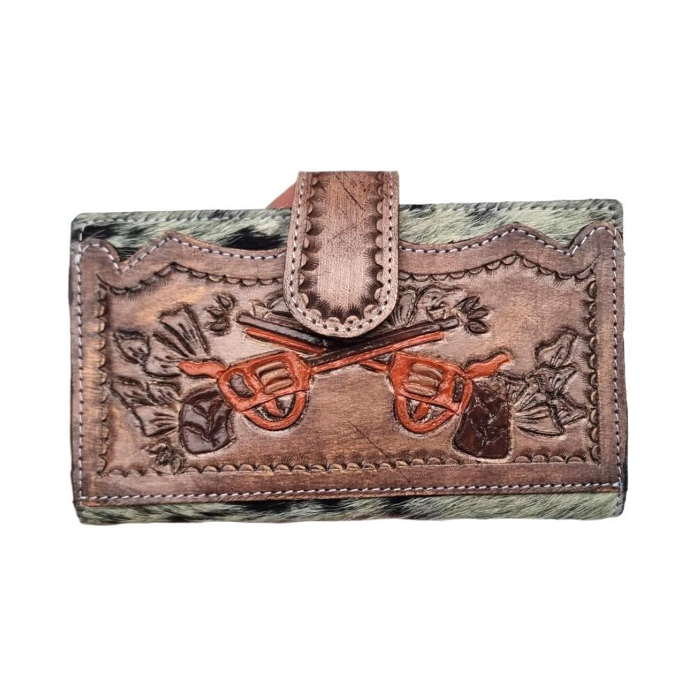 Two Crossed Pistols Leather Wallet - Western Handbag Wallet Set Double Gun - Hand Tooled Leather Bag with Fringe - Real Cowhide Purse