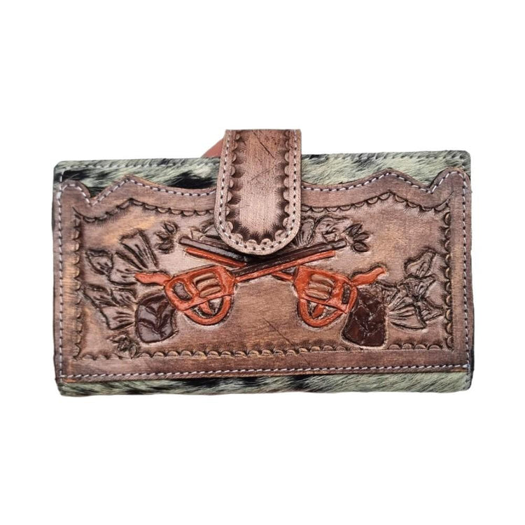 Two Crossed Pistols Leather Wallet - Western Handbag Wallet Set Double Gun - Hand Tooled Leather Bag with Fringe - Real Cowhide Purse