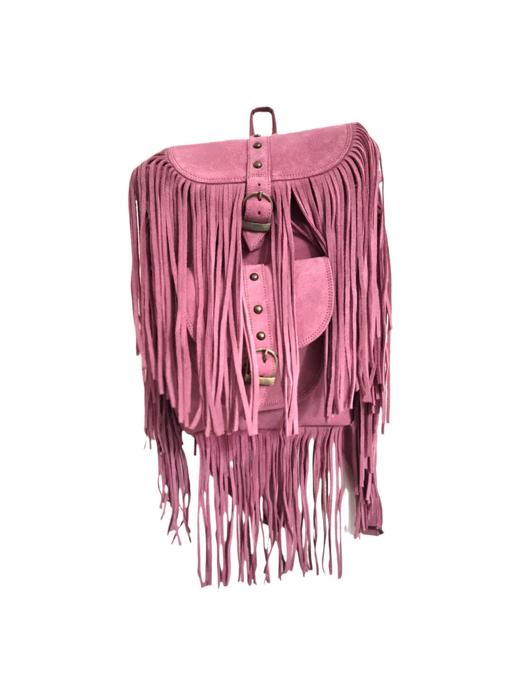 Pink Suede Fringe Backpack: Handmade Boho Festival Rucksack
