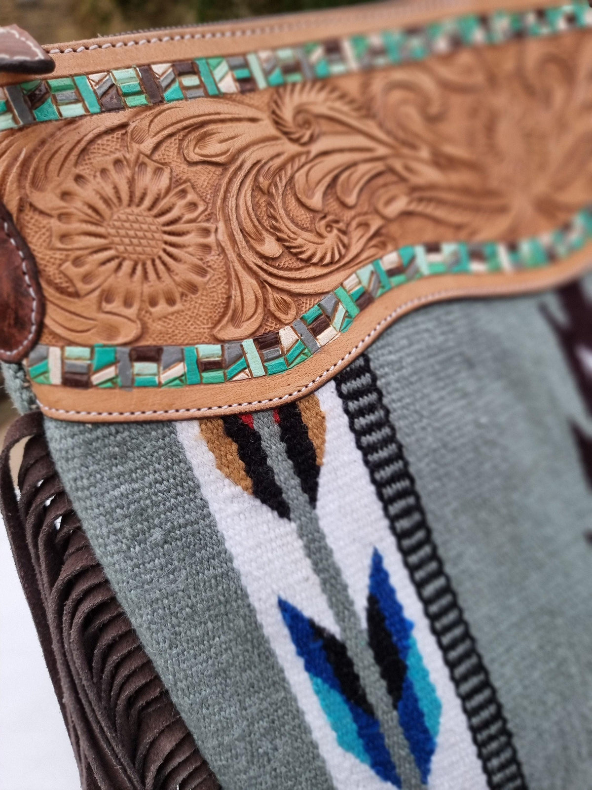 Tooled Leather Fringe Bag: Western Aztec Blanket Purse