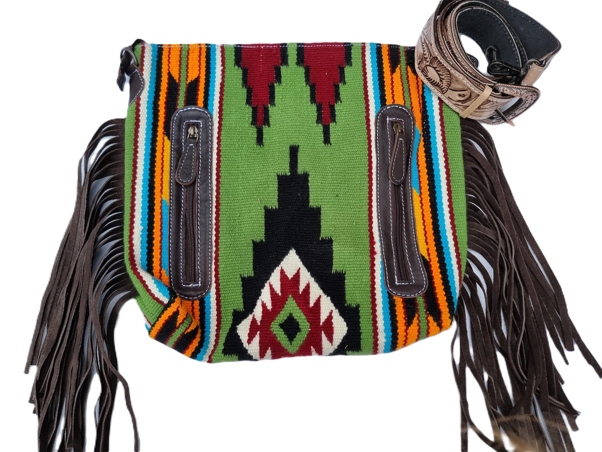 Tooled Sunflower Leather Fringe Purse: Western Aztec Blanket Bag