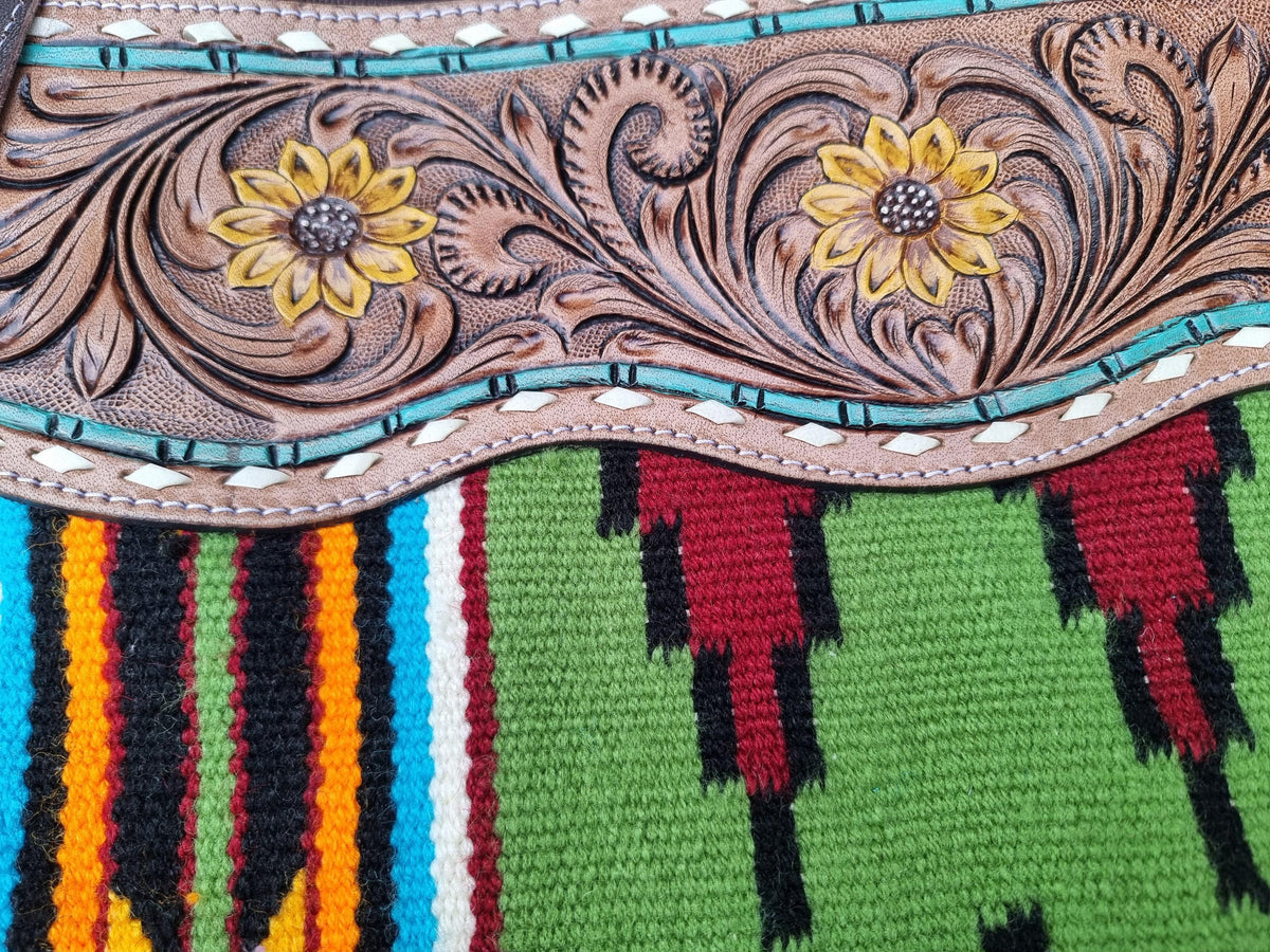 Tooled Sunflower Leather Fringe Purse: Western Aztec Blanket Bag