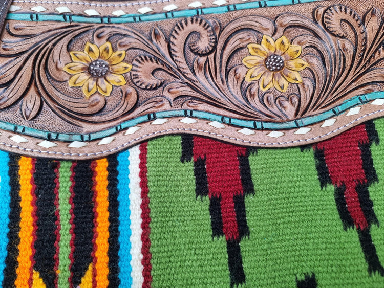 Tooled Sunflower Leather Fringe Purse: Western Aztec Blanket Bag
