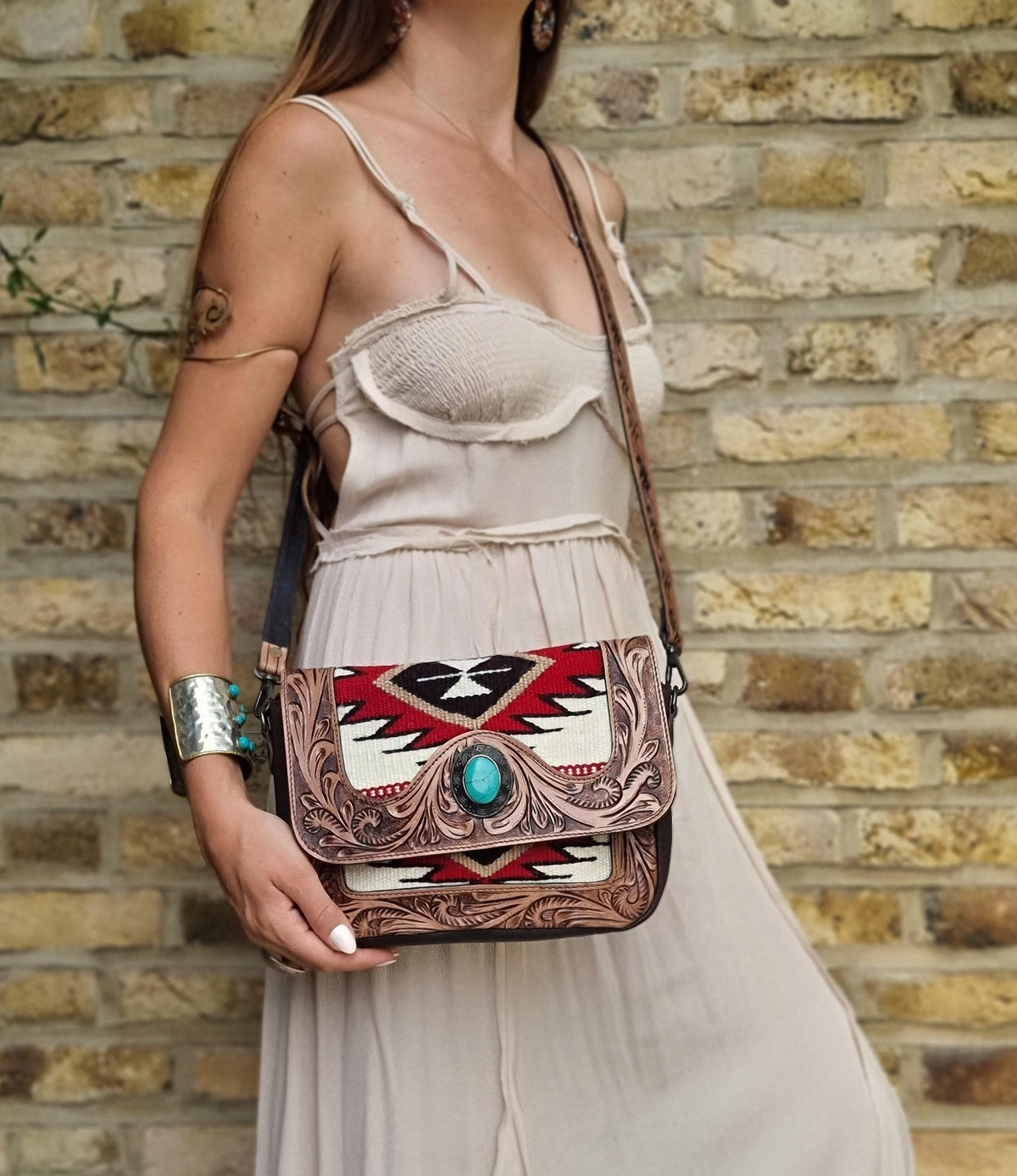 Southwestern Aztec Carpet Bag, Tooled Leather Boho Tote, Cowgirl Shoulder Bag, Western Hippie Travel Bag, Handmade Festival Purse