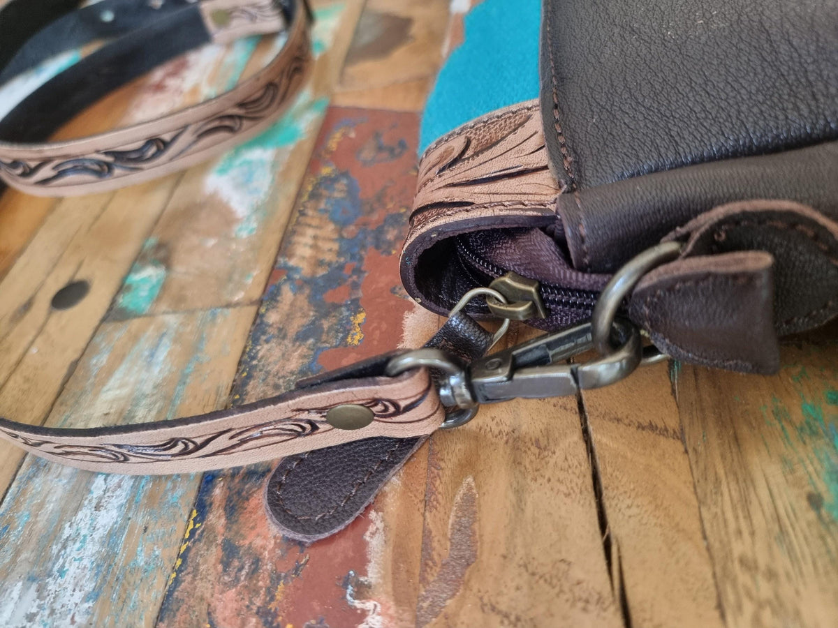 Southwestern Aztec Carpet Bag, Tooled Leather Boho Tote, Cowgirl Shoulder Bag, Western Hippie Travel Bag, Handmade Festival Purse