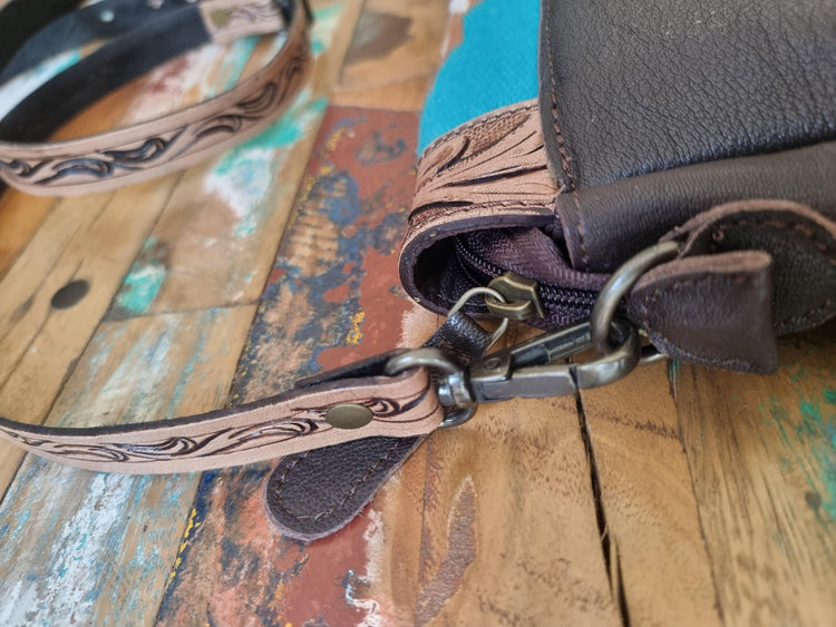 Southwestern Aztec Carpet Bag, Tooled Leather Boho Tote, Cowgirl Shoulder Bag, Western Hippie Travel Bag, Handmade Festival Purse