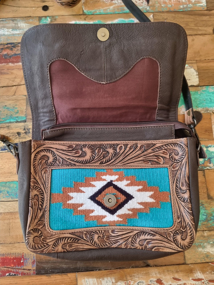 Southwestern Aztec Carpet Bag, Tooled Leather Boho Tote, Cowgirl Shoulder Bag, Western Hippie Travel Bag, Handmade Festival Purse