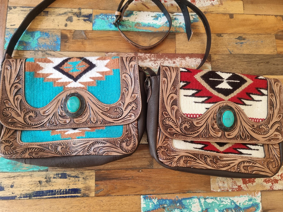 Southwestern Aztec Carpet Bag, Tooled Leather Boho Tote, Cowgirl Shoulder Bag, Western Hippie Travel Bag, Handmade Festival Purse