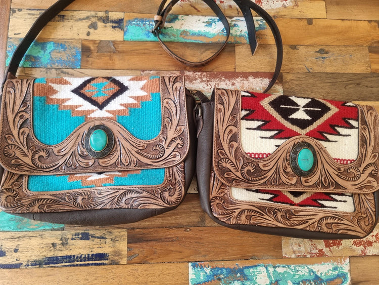 Southwestern Aztec Carpet Bag, Tooled Leather Boho Tote, Cowgirl Shoulder Bag, Western Hippie Travel Bag, Handmade Festival Purse