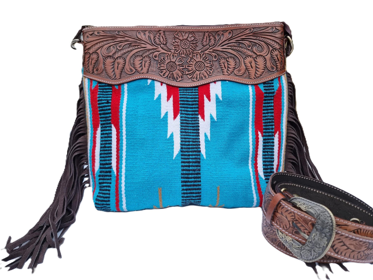 Tooled Leather Fringe Bag: Cowgirl Aztec Blanket Tote
