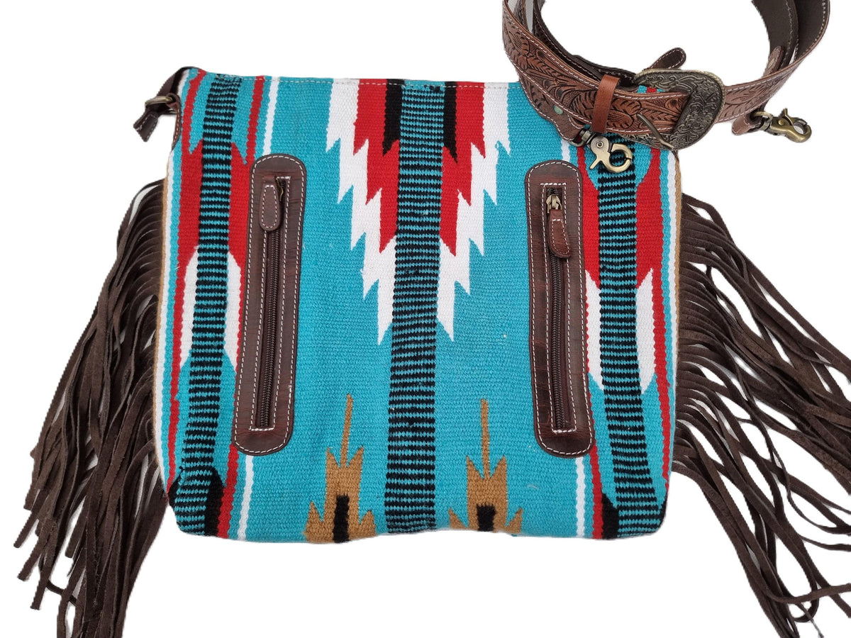 Tooled Leather Fringe Bag: Cowgirl Aztec Blanket Tote